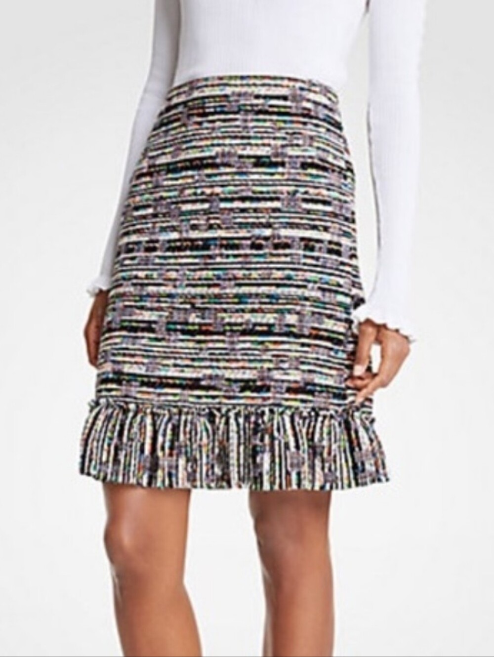 Ann Taylor textured tweed multicolored skirt with a feminine ruffle hem